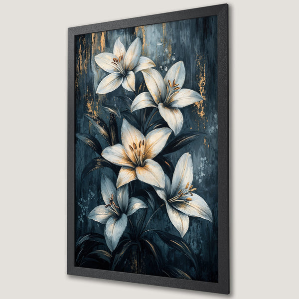 Framed Poster featuring white lilies in a dark, moody style with gold accents. Elegant floral art for home decor.