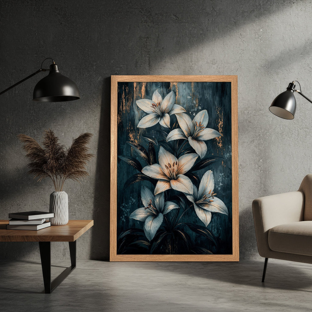 Framed Poster featuring white lilies, dark teal and gold abstract art. Modern floral wall art for home decor.