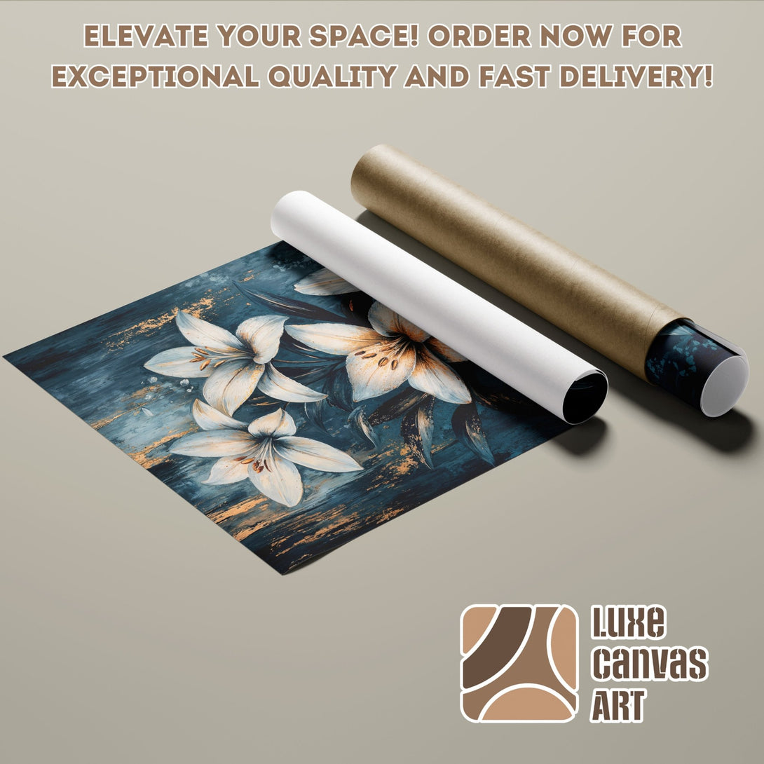 Poster Roll featuring a floral art print in a teal and gold color palette. Elevate your space with this beautiful poster!