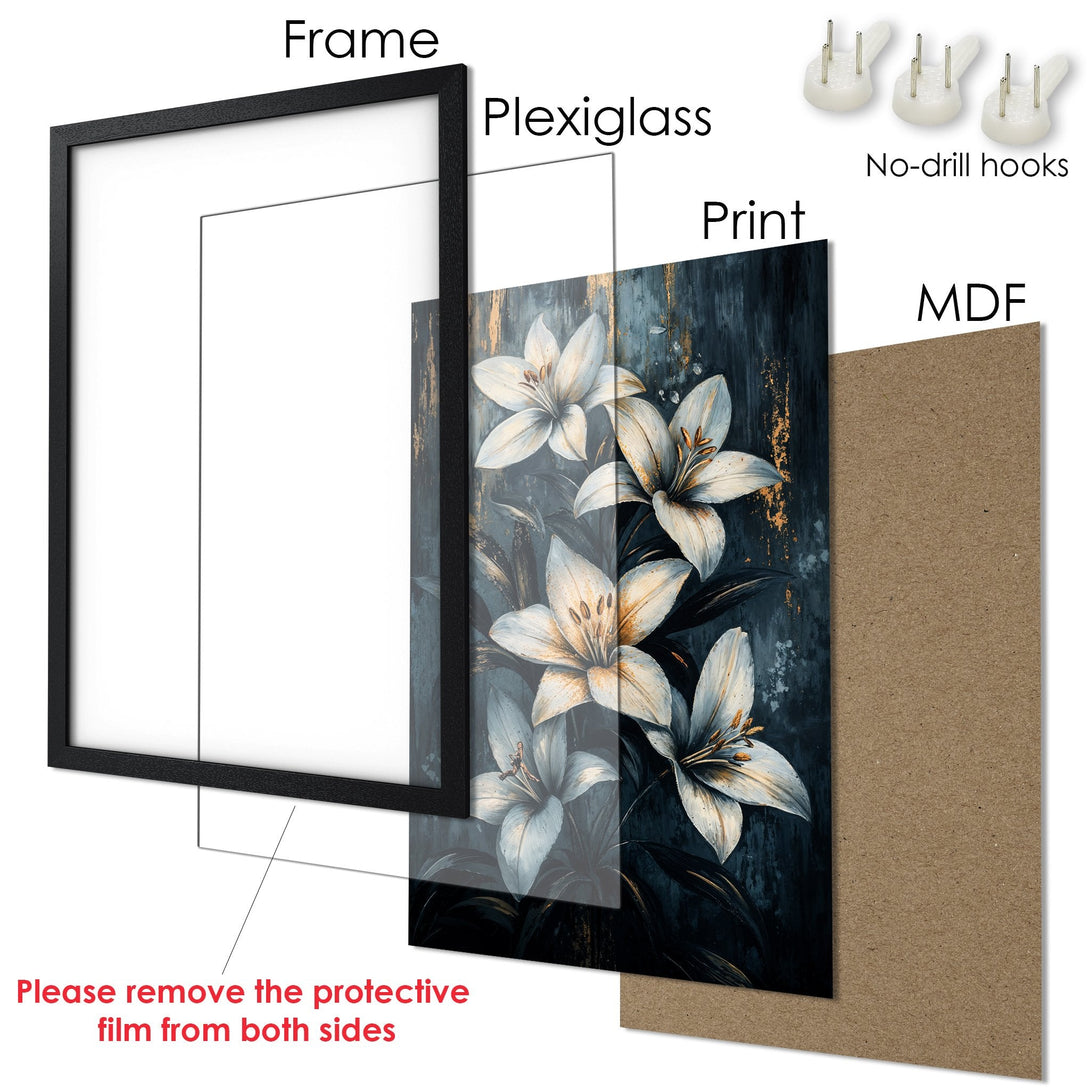 Framed Poster featuring elegant white lilies on a dark blue background. Stylish floral art print with a sophisticated color palette.