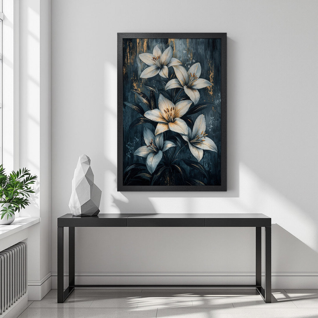 Framed Poster featuring elegant white lilies art print in teal and gold tones, perfect for home decor.