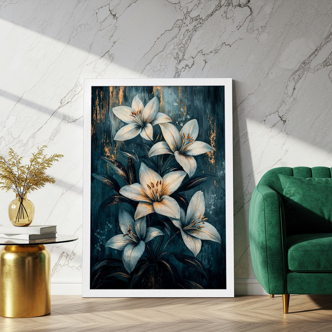 Framed Poster featuring elegant white lilies against a dark teal & gold abstract background. Perfect art for your home!