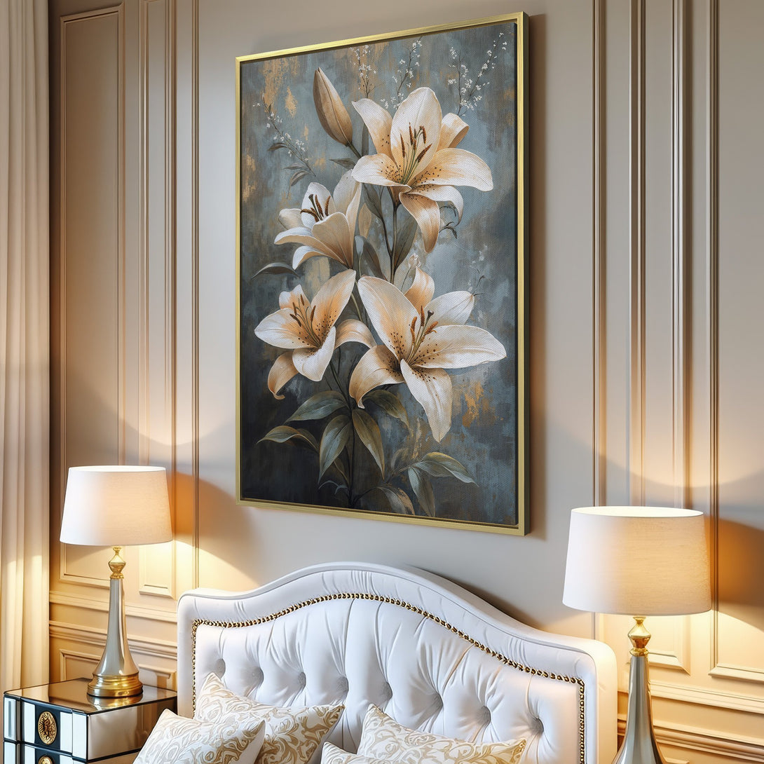 Canvas Print of elegant lilies in neutral tones, perfect for adding a touch of floral art to your living room decor.