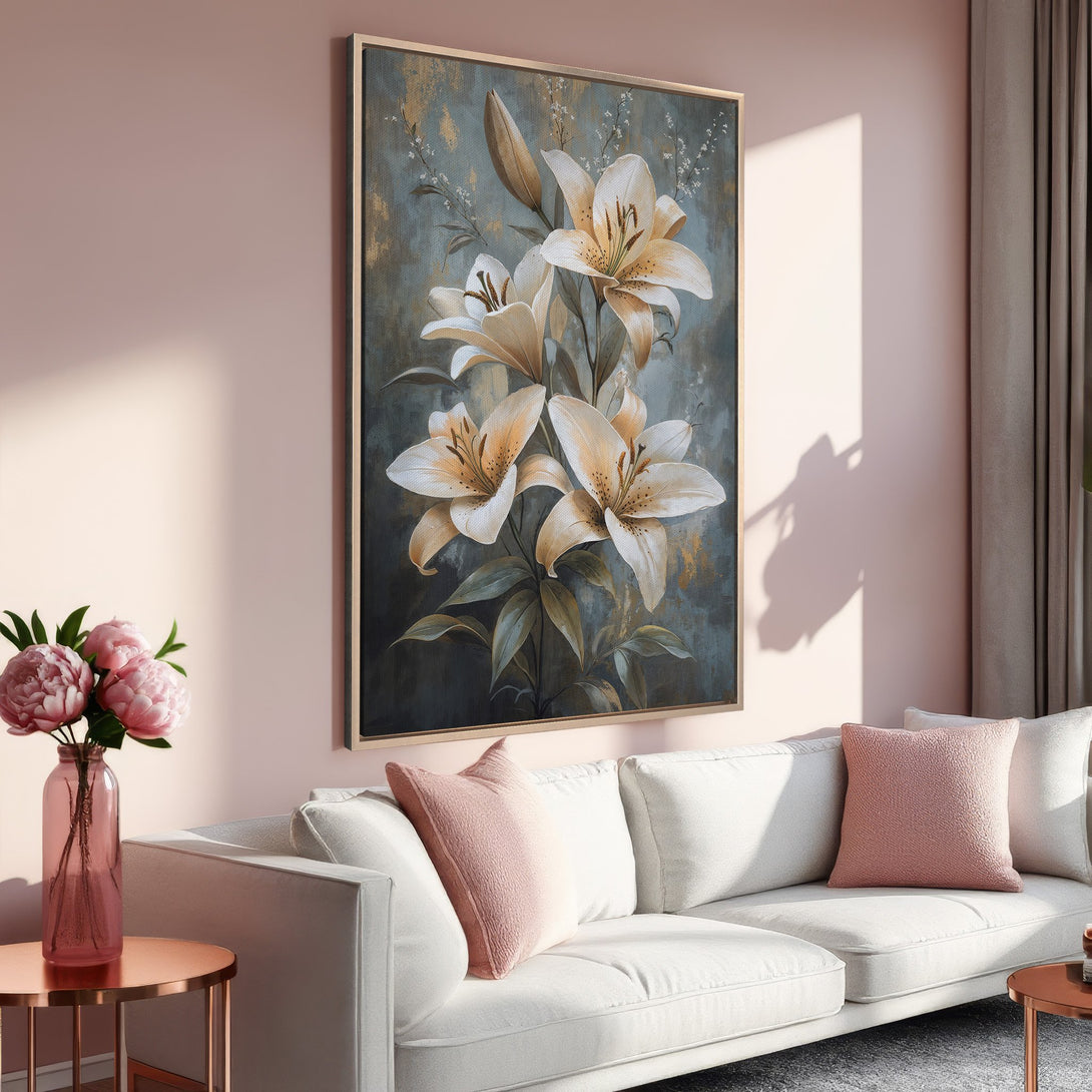 Framed Wall Art featuring elegant lily painting. Soft, neutral color palette with blush pink and gold accents. Perfect for adding a touch of sophistication to your home.