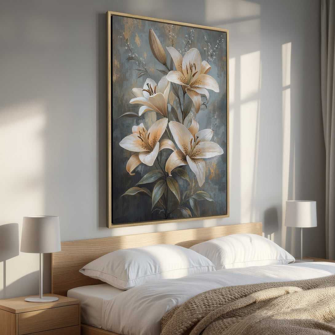 Framed Wall Art featuring elegant lily flowers in a muted, neutral color palette. Perfect for bedroom decor, this canvas print adds a touch of sophistication.