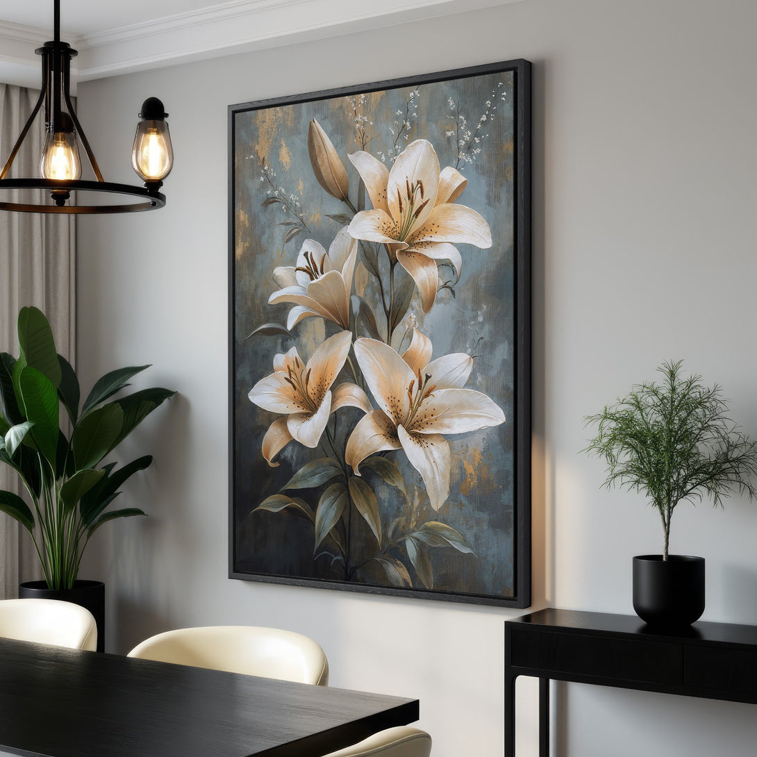 Framed Wall Art featuring elegant lily flowers in a muted color palette of blue, gold, and cream. Perfect artwork to elevate your home decor!