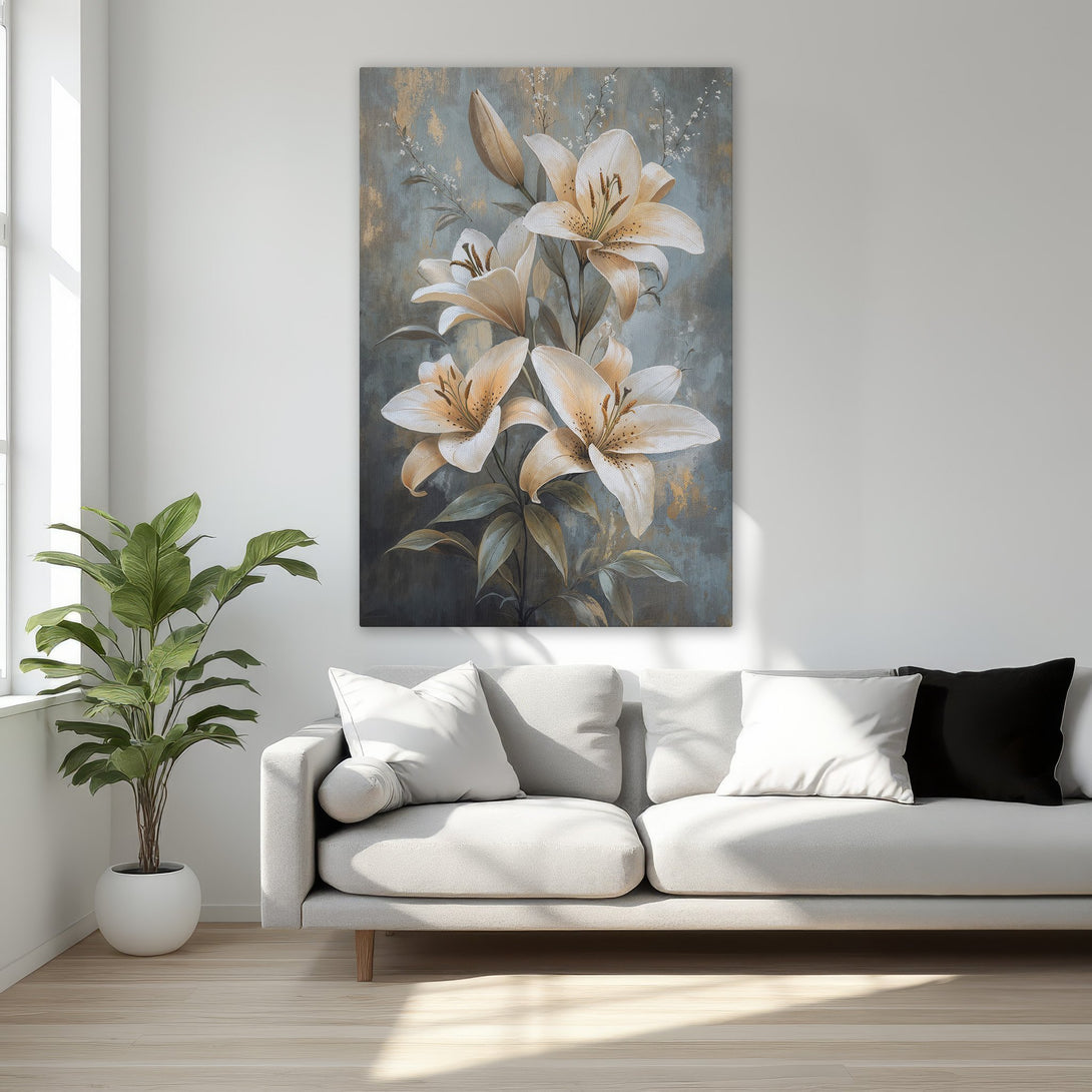 Framed Wall Art featuring elegant lily flowers in a muted, sophisticated color palette. Perfect for adding a touch of luxury to any space.