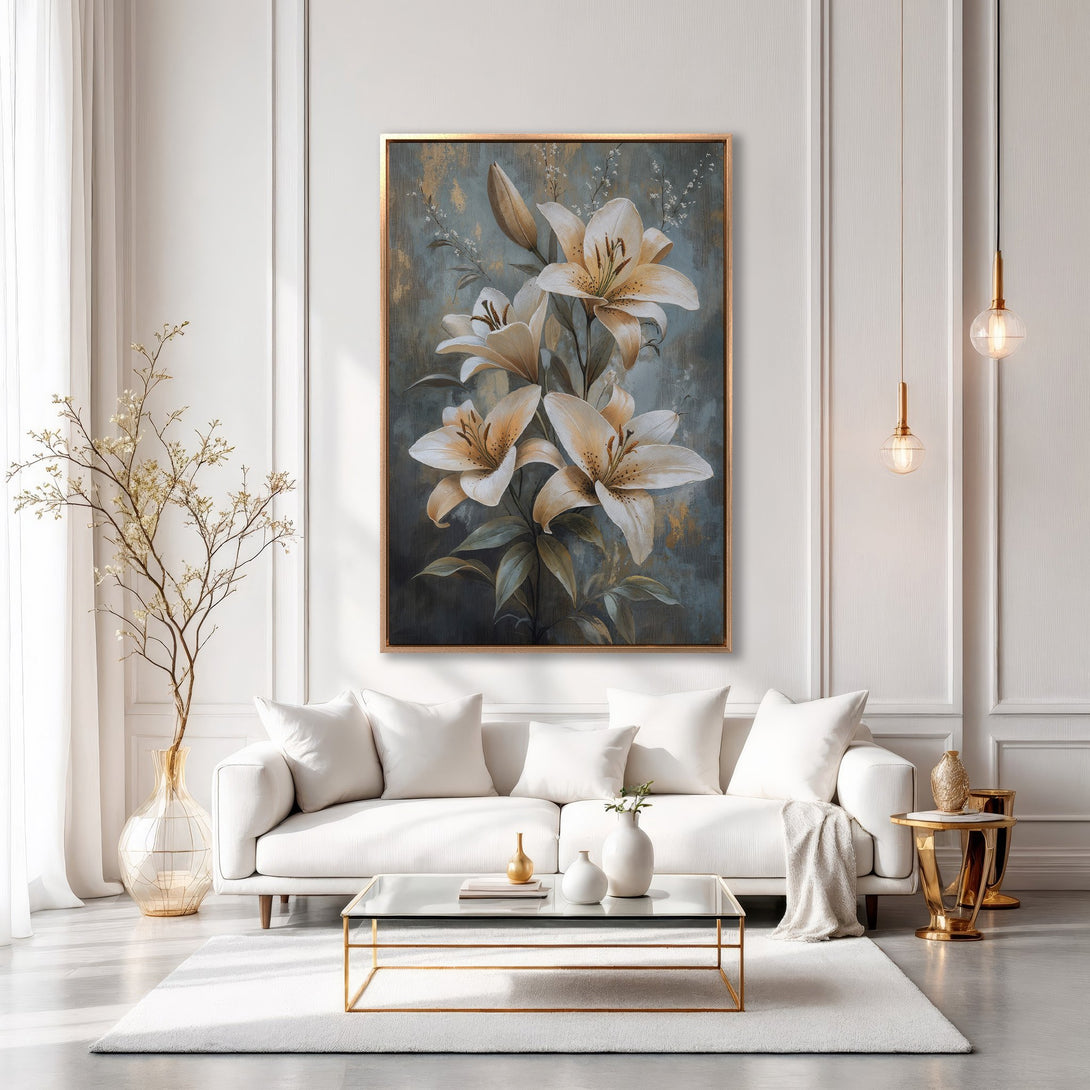 Framed Wall Art featuring elegant lily flowers in soft beige tones, displayed in a stylish living room. Perfect for adding a touch of sophistication!