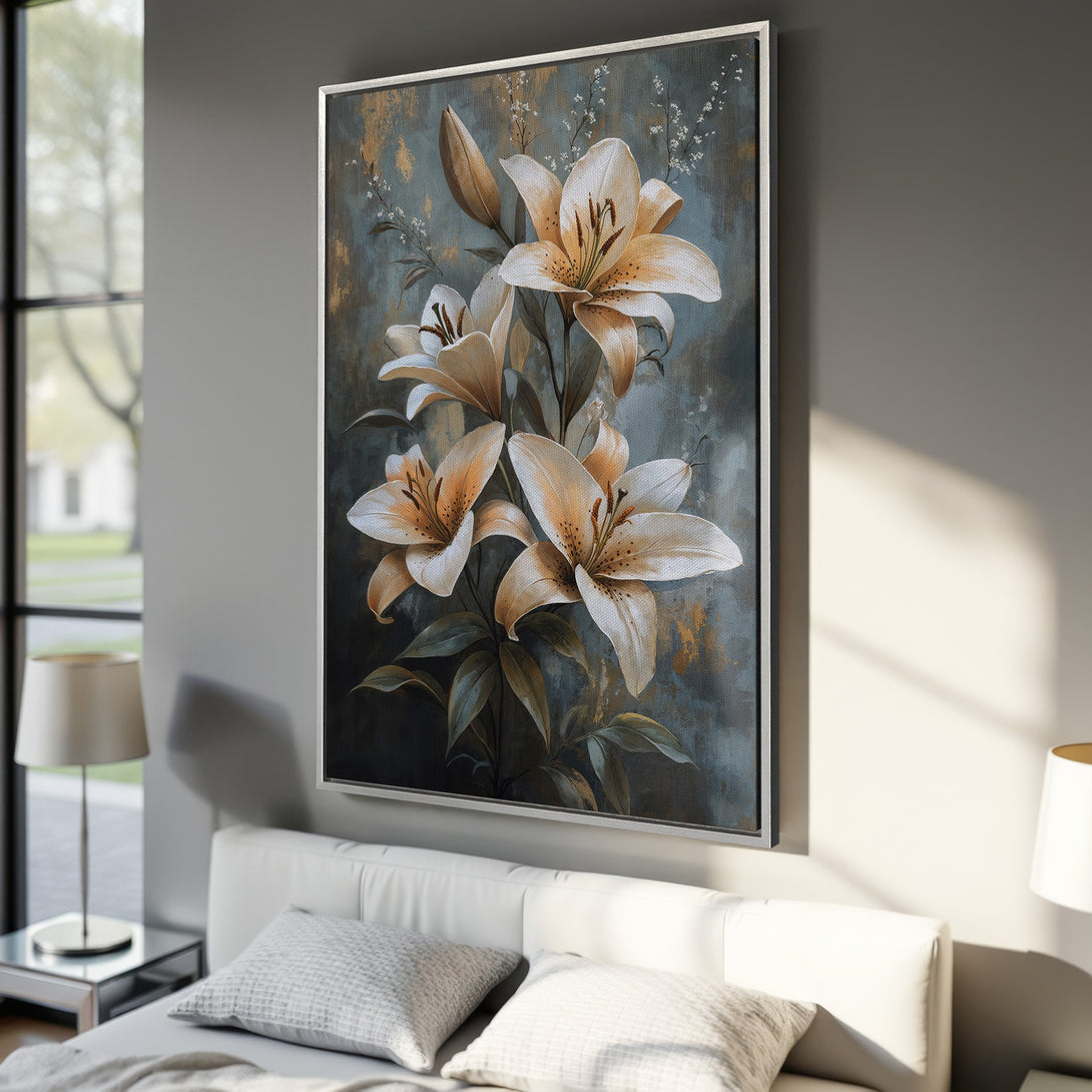 Framed Wall Art featuring elegant lily flowers in a muted color palette. Perfect for bedroom decor, this canvas print adds a touch of sophistication.