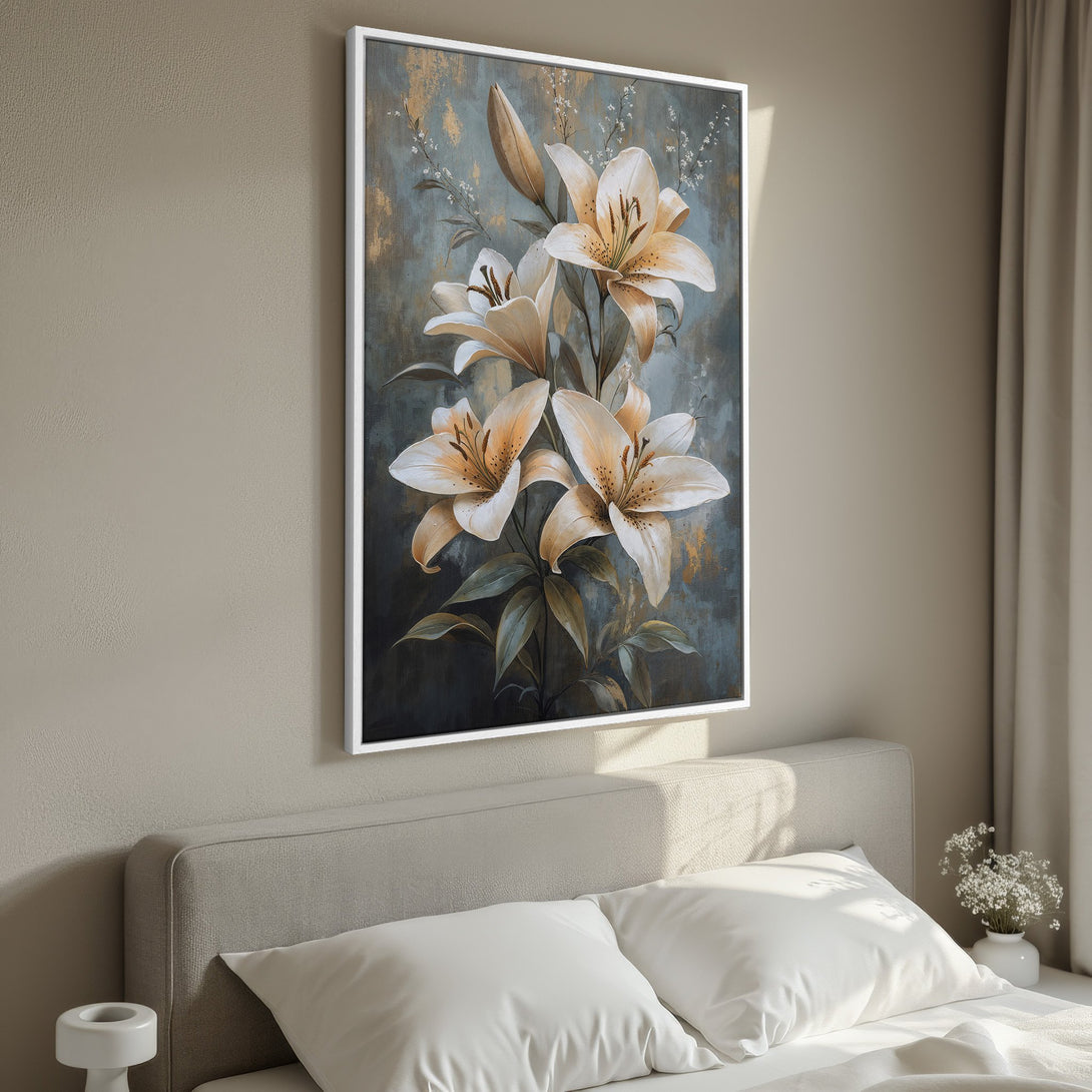 Framed Wall Art featuring elegant lily floral painting in a muted blue, gold, and cream color palette, perfect for bedroom decor.