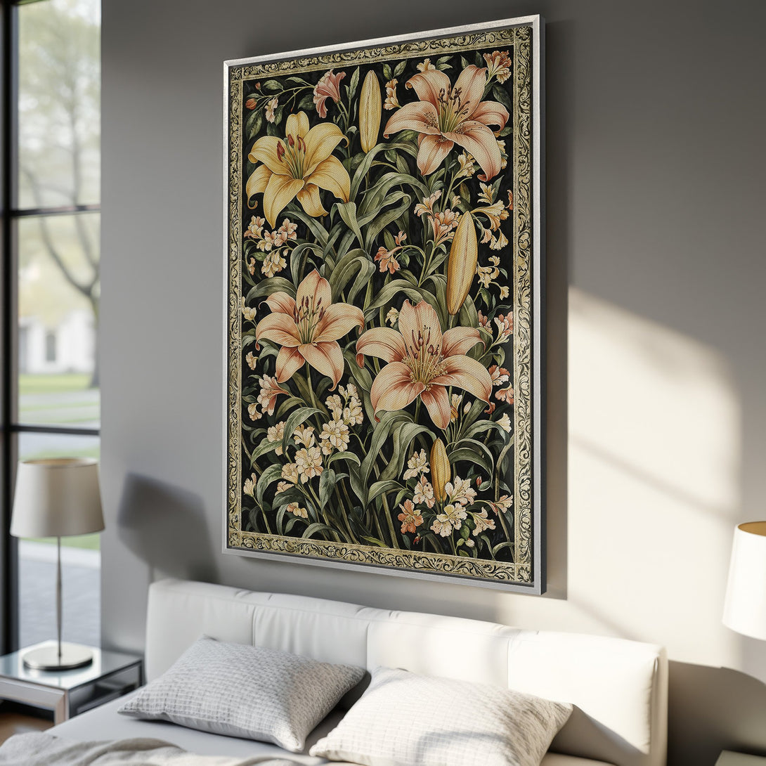 Framed Wall Art featuring a floral botanical design with lilies in a vintage style. The color palette includes black, yellow, and peach tones, perfect for home decor.