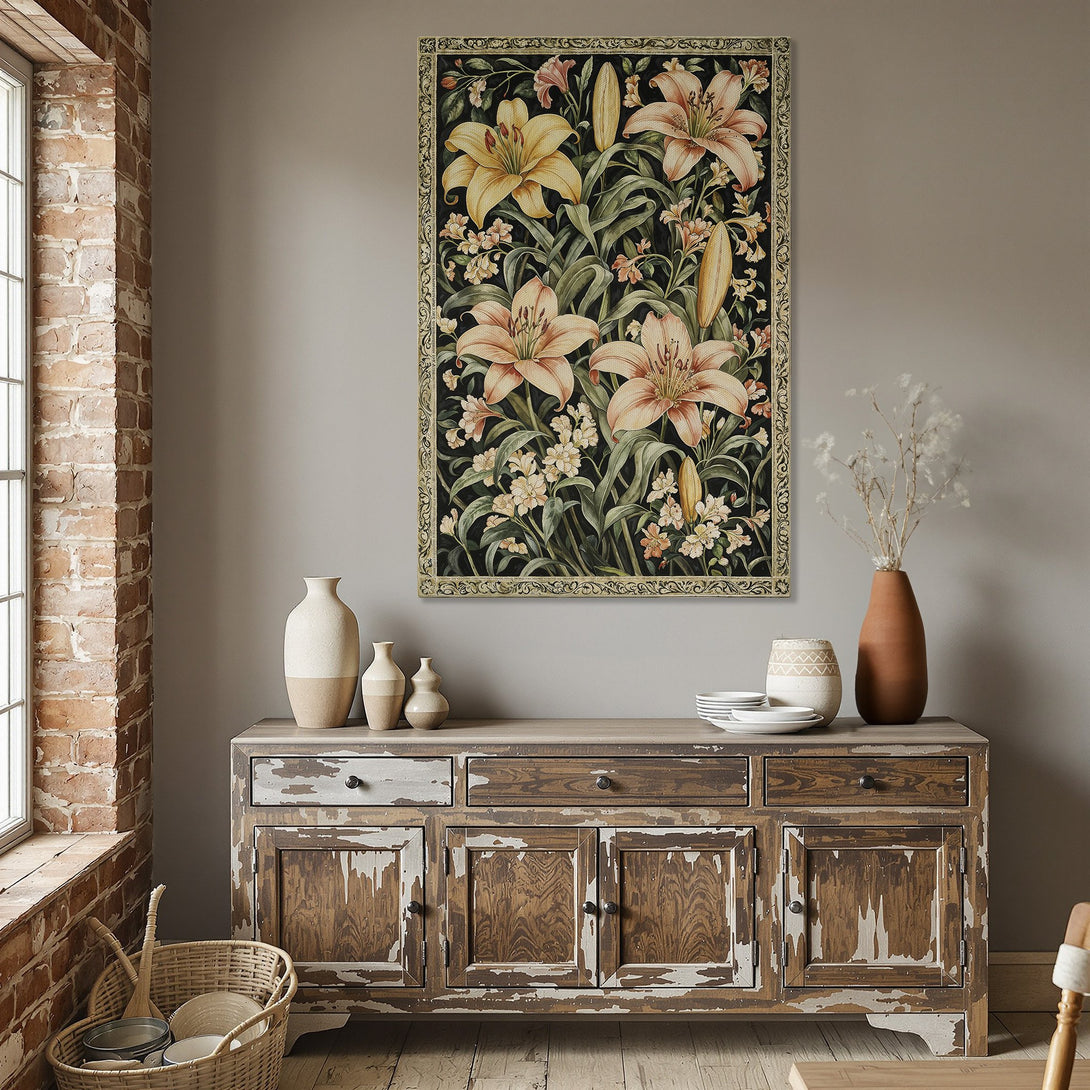 Framed Wall Art featuring a floral design with lilies in a vintage style, warm color palette, perfect for dining room decor.