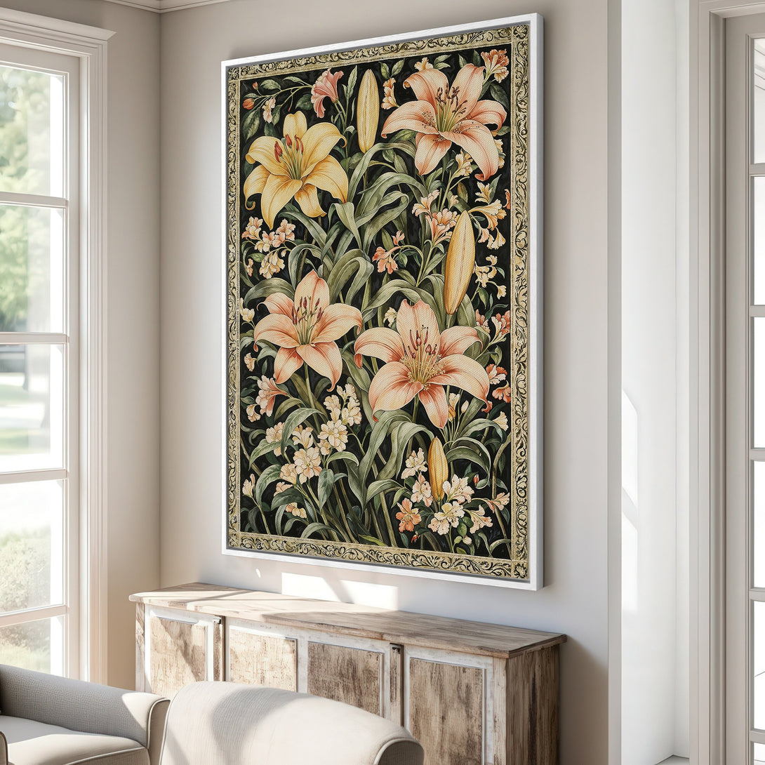 Framed Wall Art featuring a floral botanical design. Elegant canvas print with lilies in a black, gold, and peach color palette, perfect for adding a touch of nature.