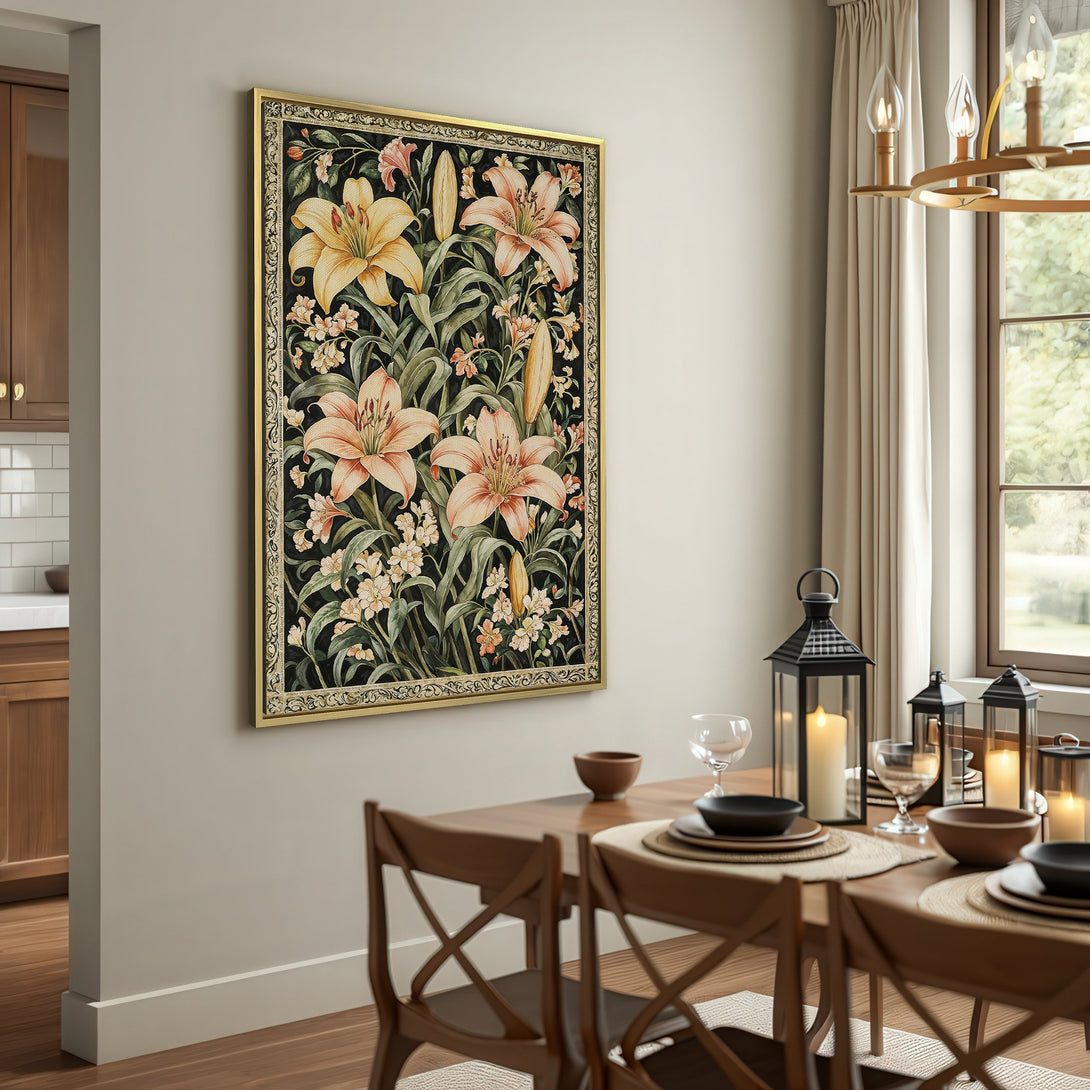 Framed Wall Art featuring a floral design in a vintage style with a black, peach, and green color palette, perfect for adding elegance to your home.