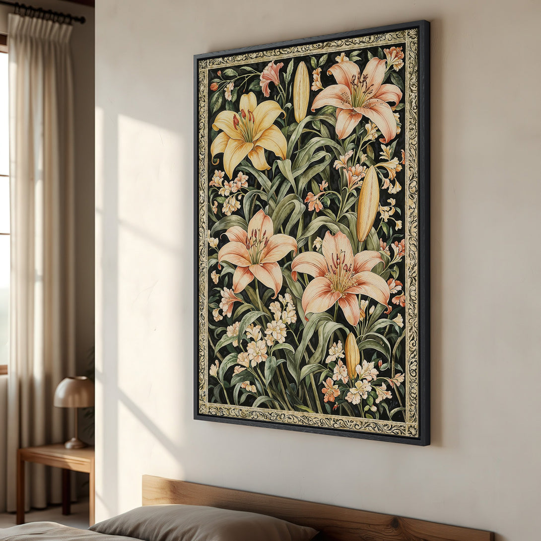 Framed Wall Art featuring a floral design with lilies in a vintage style, showcasing a warm color palette with black, peach, and green hues.