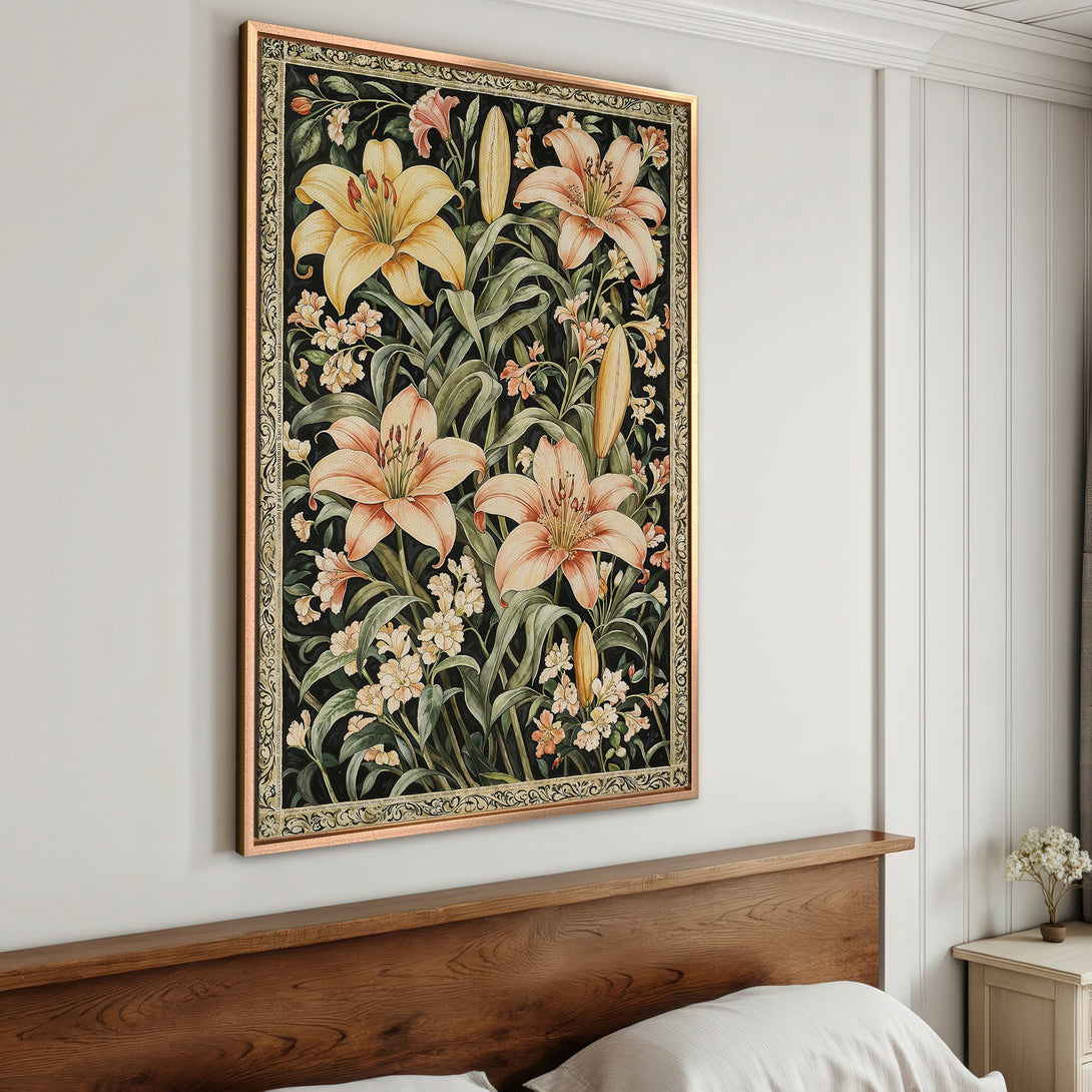 Framed Wall Art featuring a floral design with lilies in a vintage style. Warm peach, yellow, and green hues on a dark background. Perfect for bedroom decor.