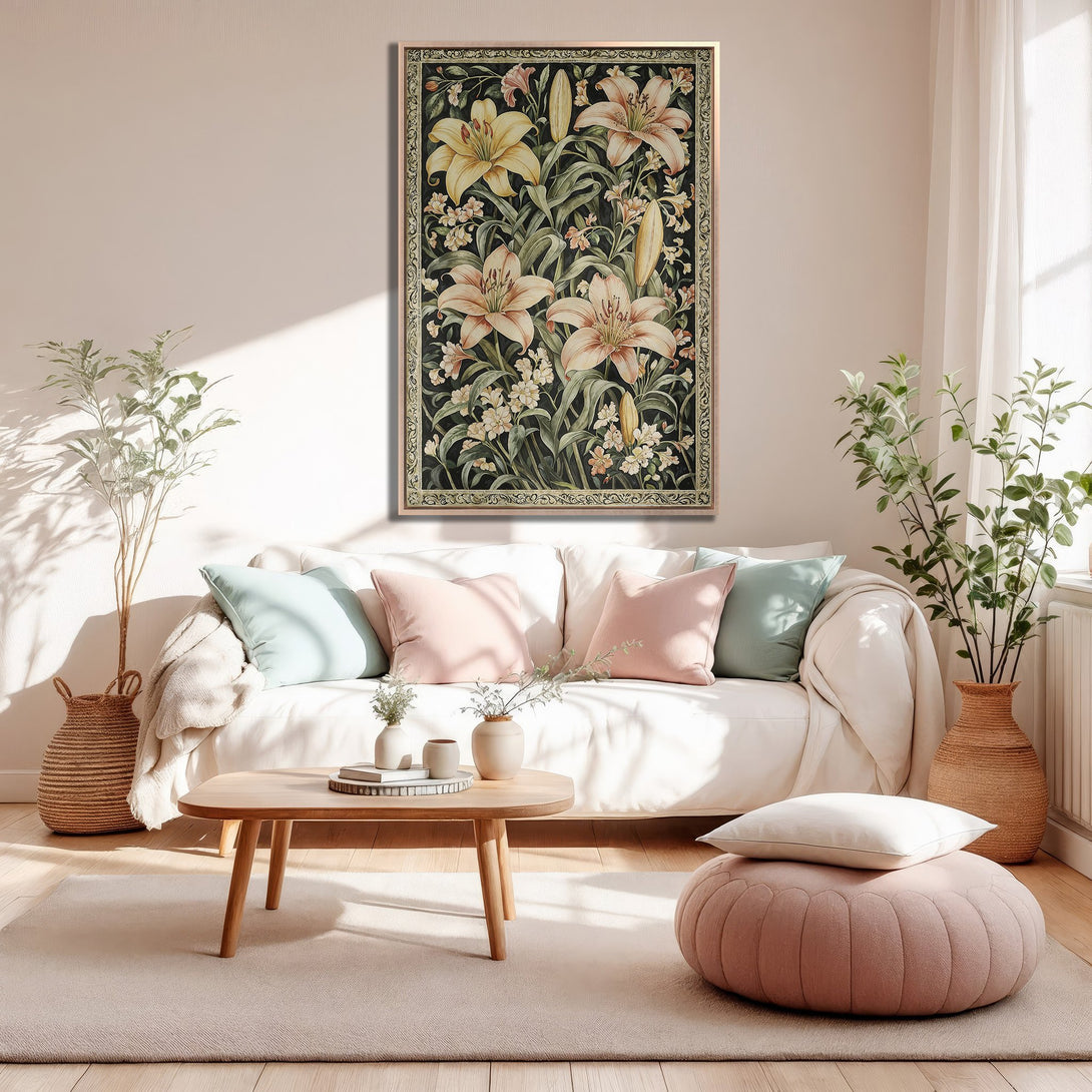 Framed Wall Art featuring a floral design in a vintage style. Warm, neutral color palette with pops of pink and green, perfect for a cozy living room.