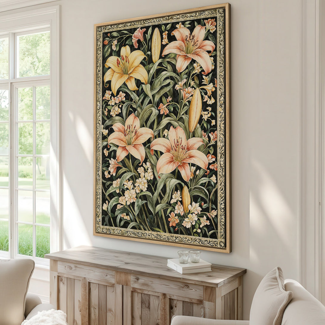 Framed Wall Art featuring elegant floral design with lilies in a vintage style and a warm, earthy color palette. Perfect for adding a touch of art to your home.