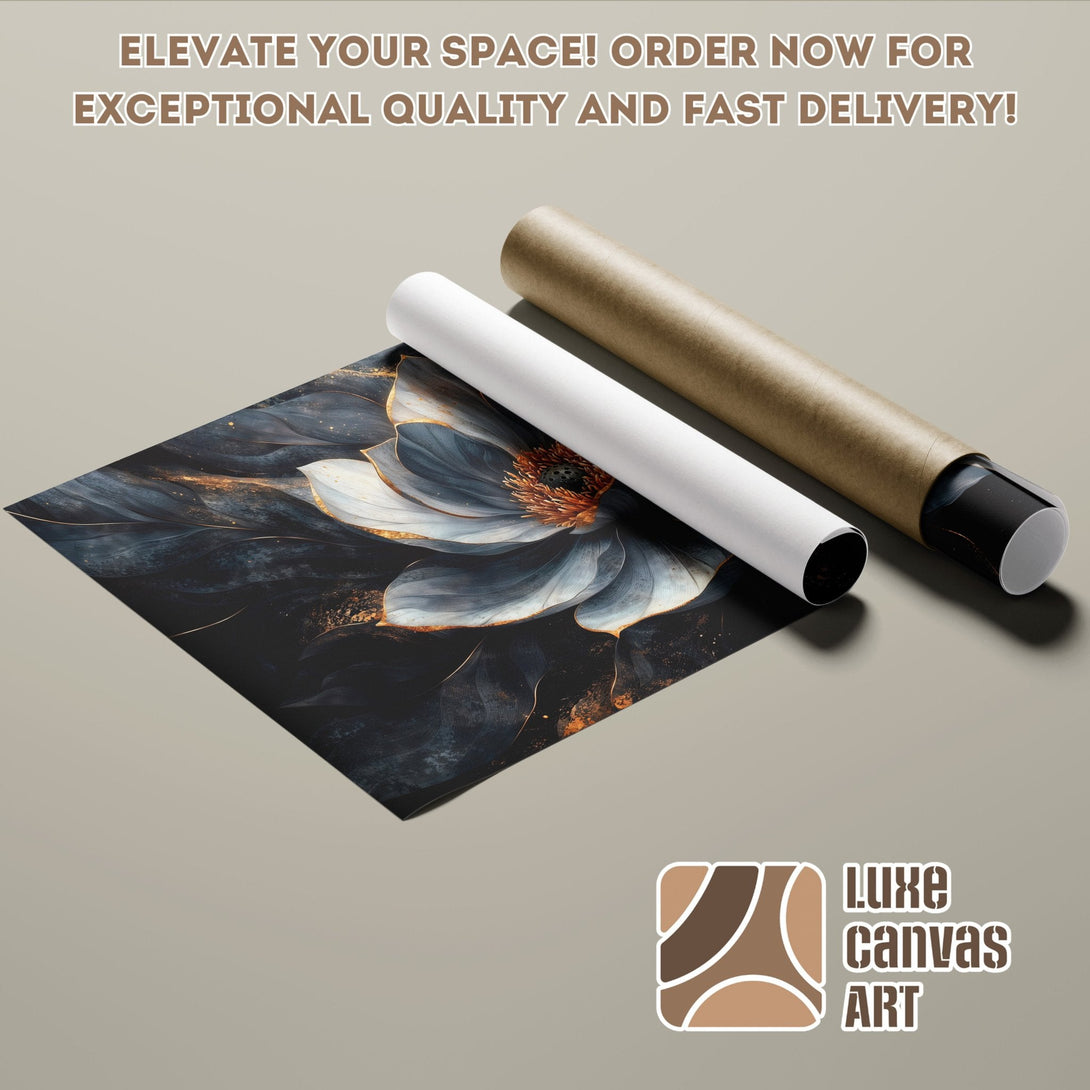 Abstract floral Poster Roll art in navy, gold, and white. Elevate your space!
