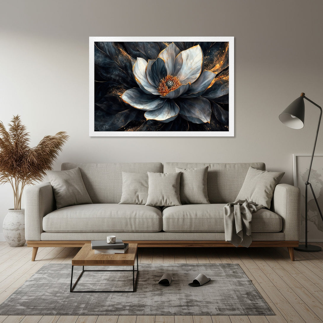 Framed Poster featuring a stunning floral design in a modern style. Dark blues and gold accents create an elegant and luxurious feel. Perfect wall art!