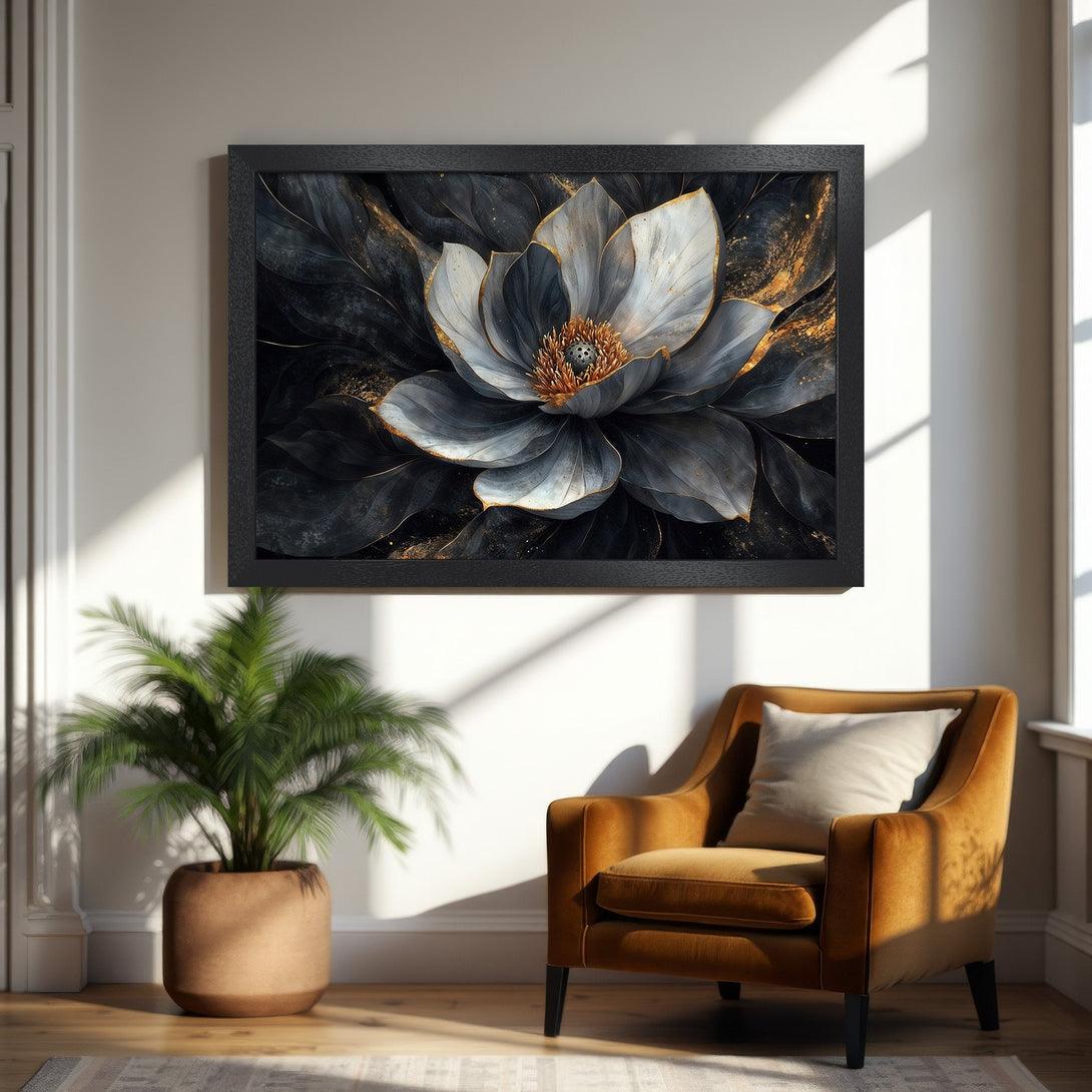 Framed Poster featuring a stunning floral design in grayscale and gold hues. Perfect for modern home decor.