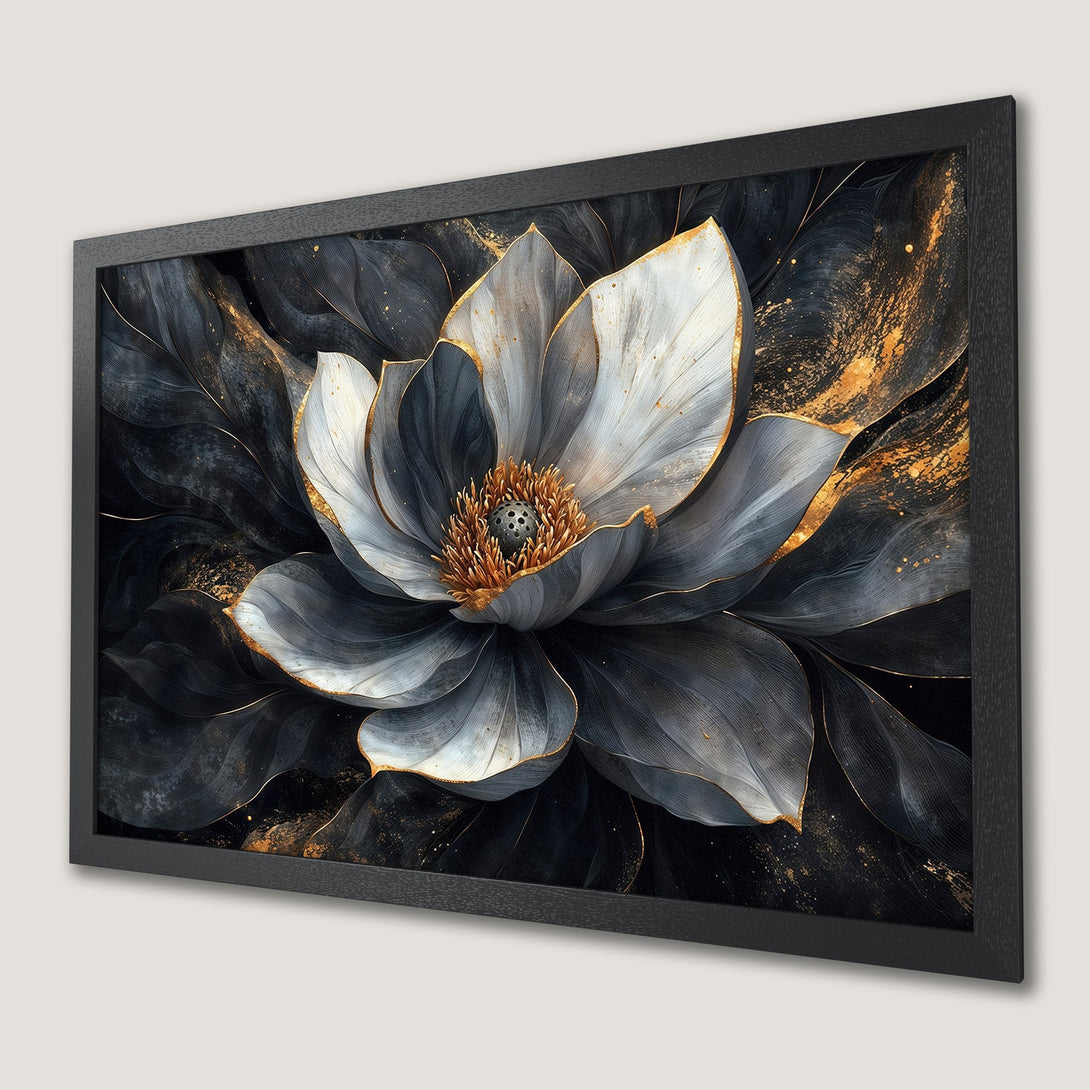 Framed Poster: Elegant floral art print in black, white, and gold. Perfect wall decor for a sophisticated space.