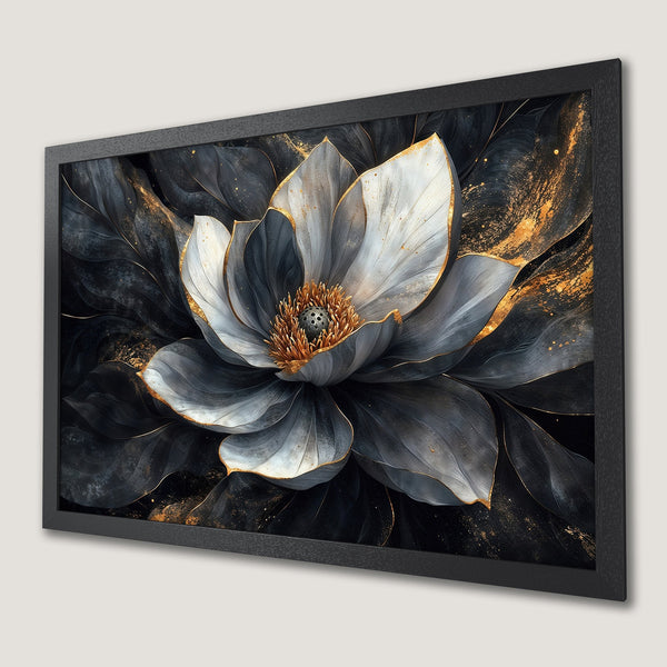 Framed Poster: Elegant floral art print in black, white, and gold. Perfect wall decor for a sophisticated space.