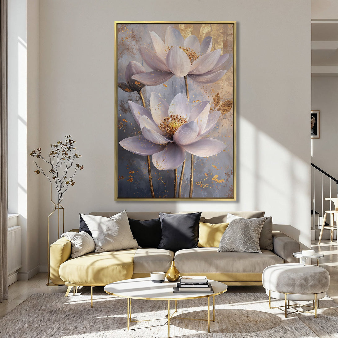 Canvas Print of elegant lotus flowers in soft pastel hues with gold accents, perfect for adding a touch of serenity to any space.