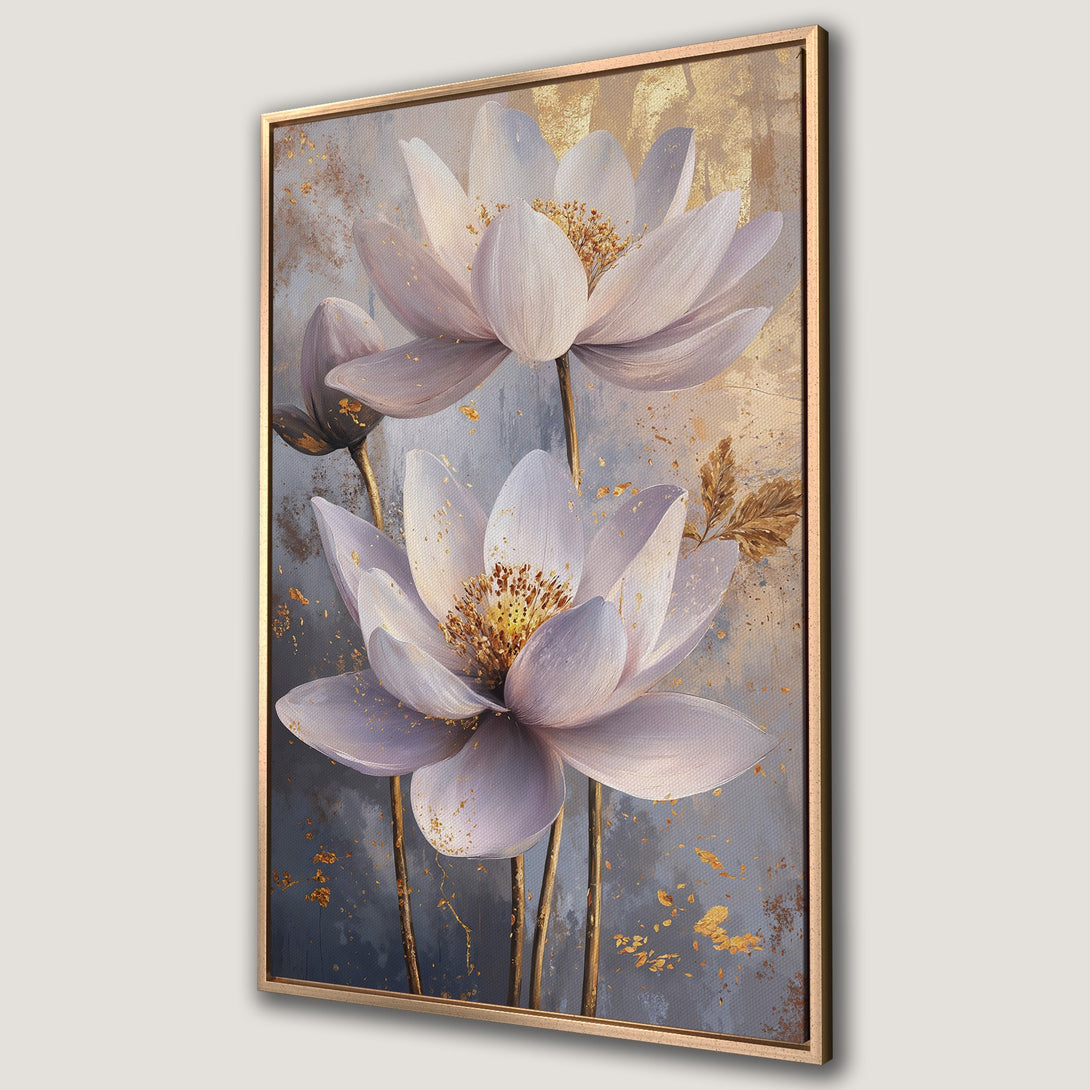Framed Wall Art featuring elegant white lotus flowers with gold accents on a muted blue and gold background. Perfect for adding a touch of serenity.
