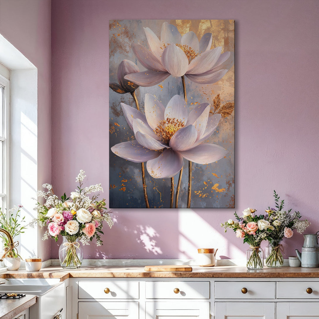 Framed Wall Art featuring elegant floral painting in soft lavender and gold hues. Enhance your home decor with this beautiful canvas print!
