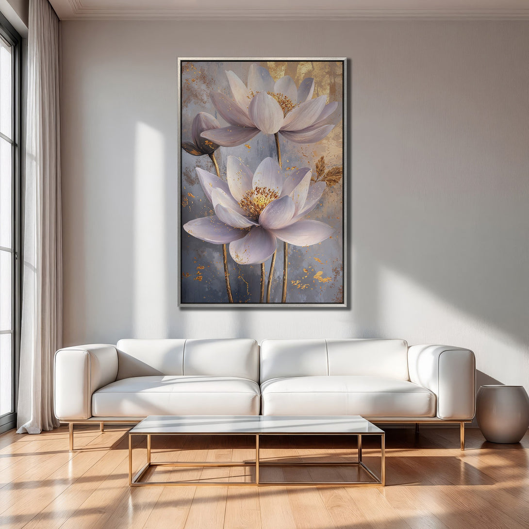 Framed Wall Art: Elegant floral canvas print in soft blue, white, and gold tones. Modern art for stylish home decor.