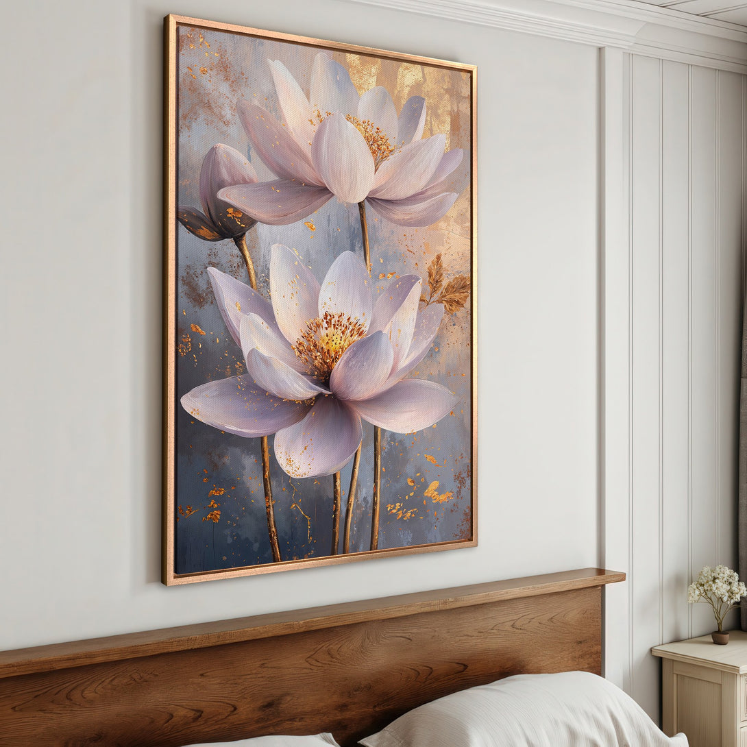 Framed Wall Art: Elegant floral canvas print in soft lavender and gold. Perfect for bedroom decor, this artwork adds a touch of serenity and style to any space.