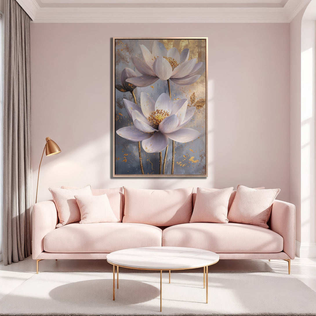 Framed Wall Art: Elegant floral canvas print in soft pink & gold tones. Perfect for adding a touch of sophistication to your living room decor. Shop now!