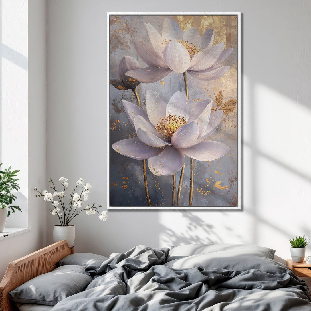 Framed Wall Art featuring elegant floral art in soft lavender and gold tones. Perfect bedroom decor for a touch of serenity and style.