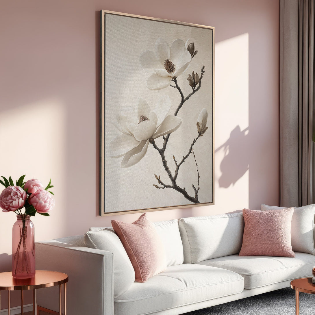 Framed Wall Art: Elegant magnolia canvas print in a soft, neutral color palette. Perfect for adding a touch of botanical beauty to your living room.