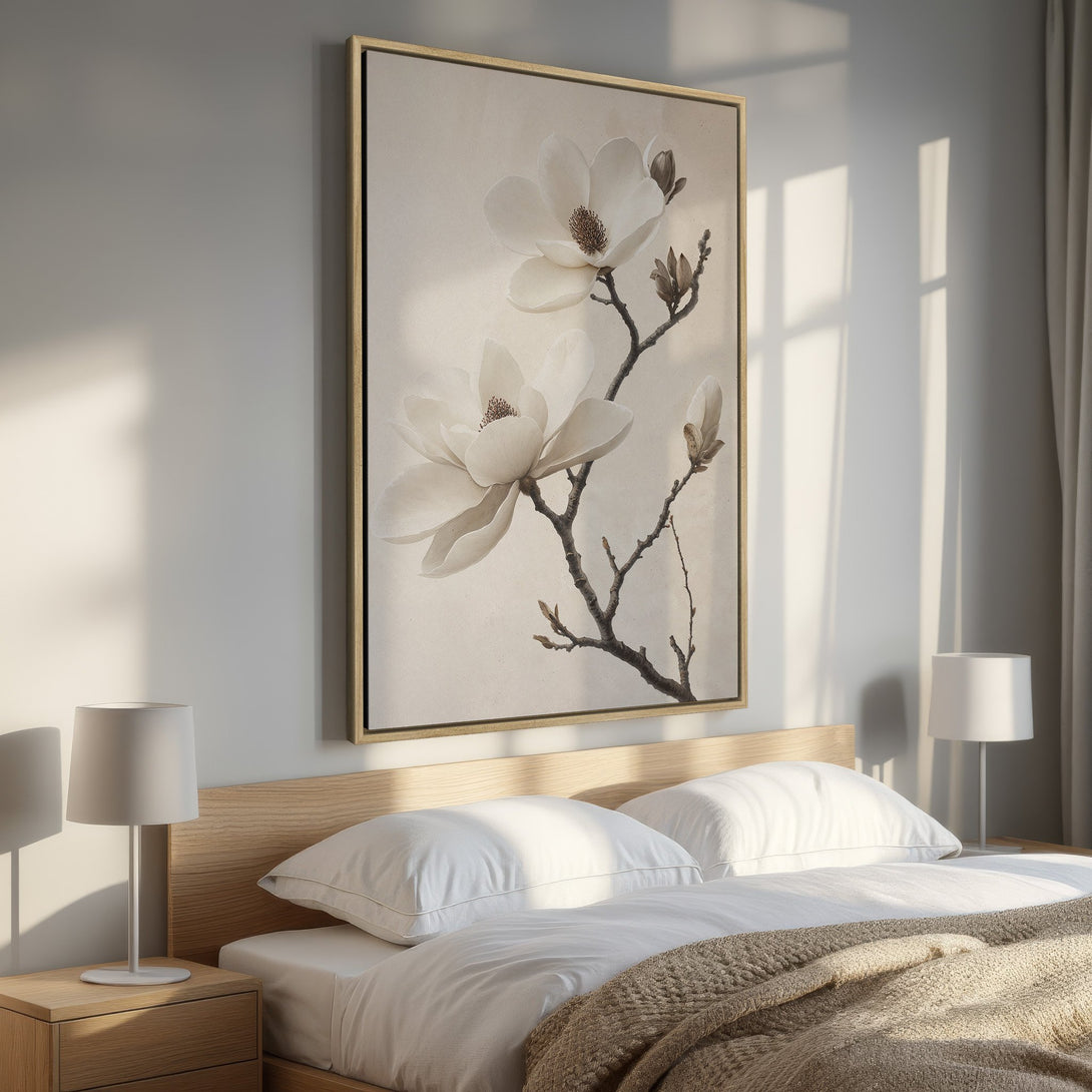 Framed Wall Art: Elegant magnolia Canvas Print in neutral tones. Perfect for bedroom decor. Add a touch of serenity with this botanical art piece.