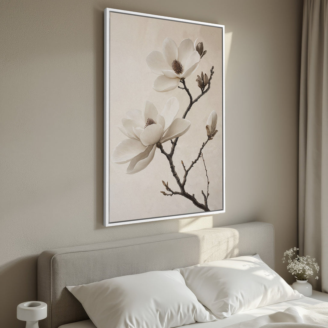 Framed Wall Art featuring a magnolia flower in neutral tones. Perfect for adding a touch of elegance to any bedroom or living space. Shop now!