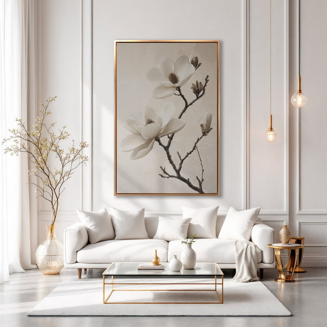 Framed Wall Art: Elegant magnolia flower print in neutral tones. Adds a touch of sophistication to any interior. Shop now for modern home decor!