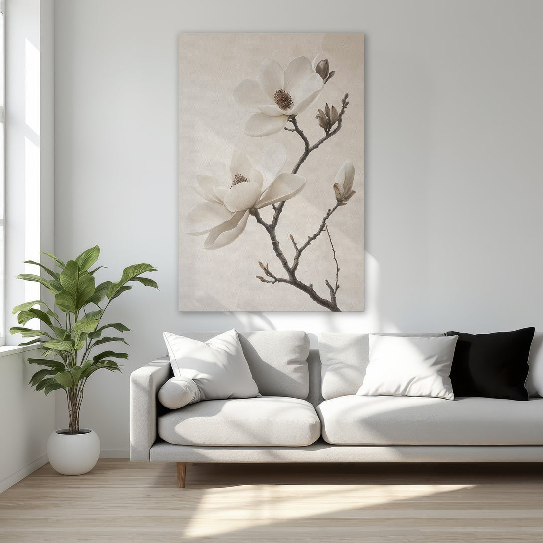 Framed Wall Art: Elegant magnolia Canvas Print in neutral tones. Adds a touch of sophistication to any bedroom. Modern floral art with a gold frame.