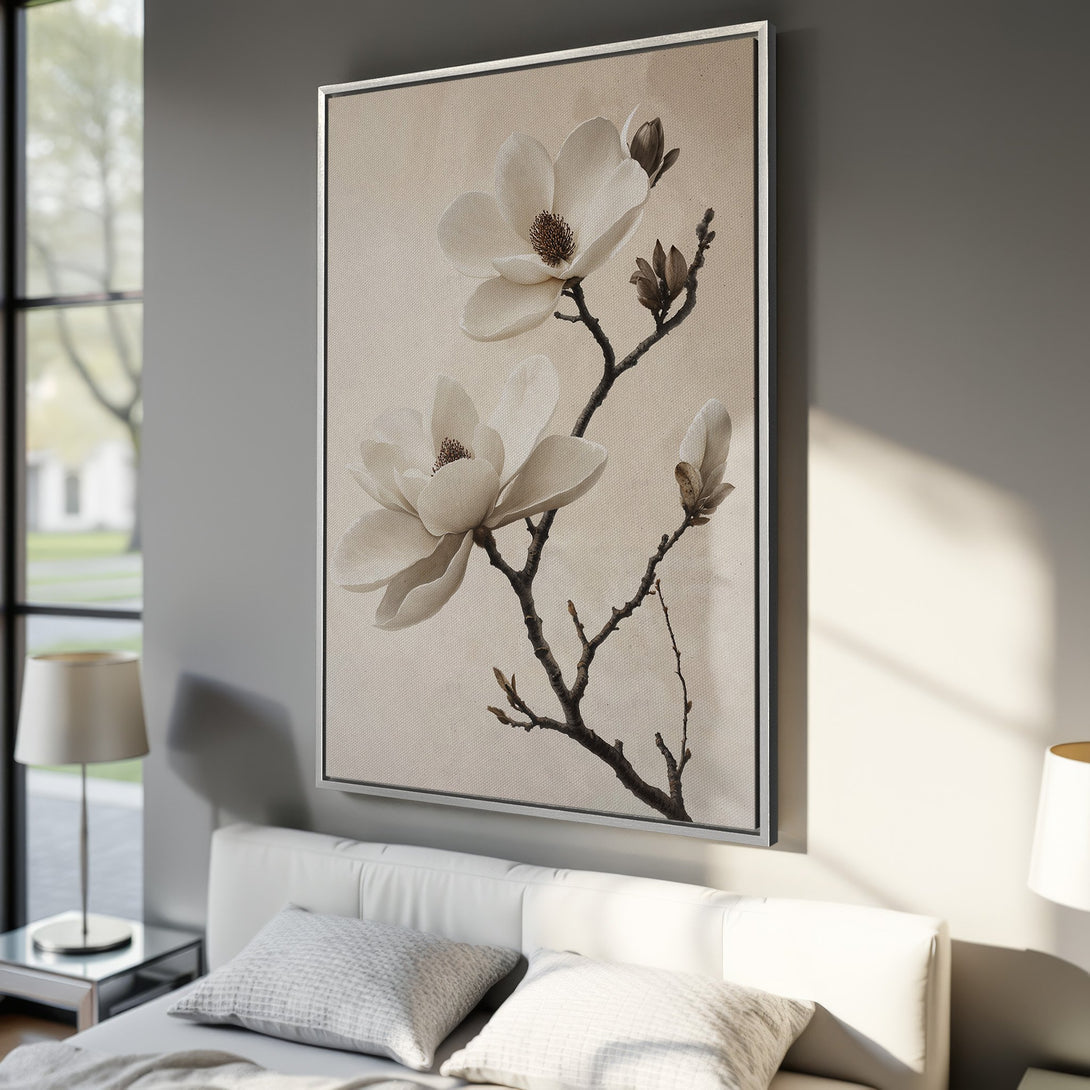 Framed Wall Art featuring a magnolia flower painting. Neutral color palette with beige, brown, and white. Modern botanical art for home decor.