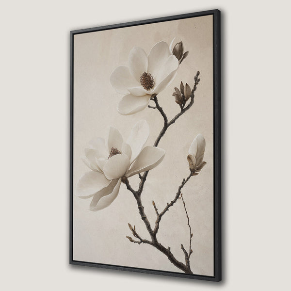 Framed Wall Art: Elegant magnolia flower print in neutral tones. Botanical art perfect for adding a touch of nature and serenity to your home decor.