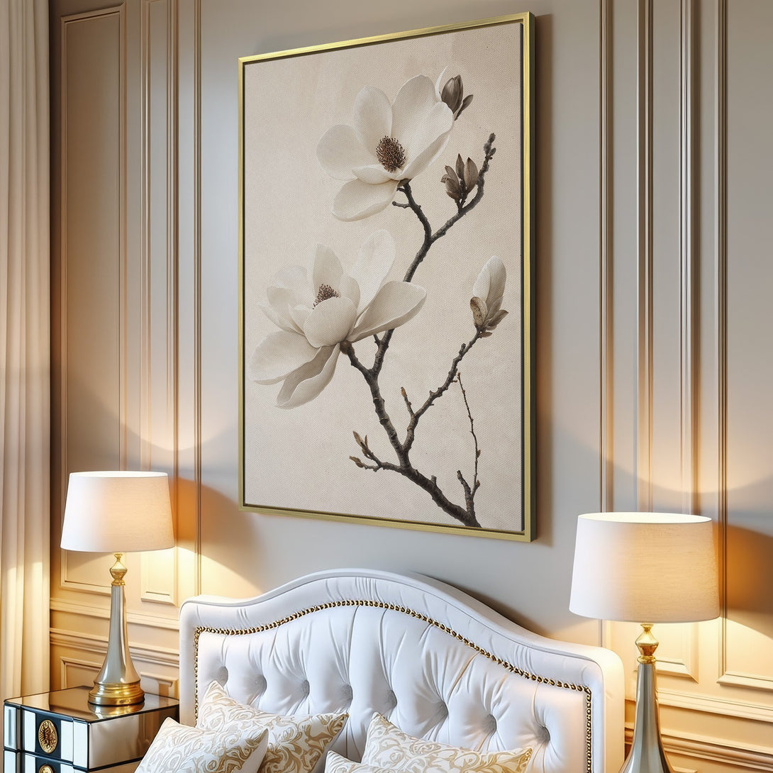 Canvas Print featuring elegant magnolia flowers. Neutral tones and minimalist style create a calming aesthetic for your home decor.