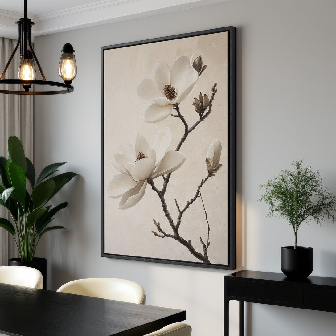 Framed Wall Art featuring elegant magnolia blossoms in neutral tones. Perfect for adding a touch of modern botanical style to your home decor.