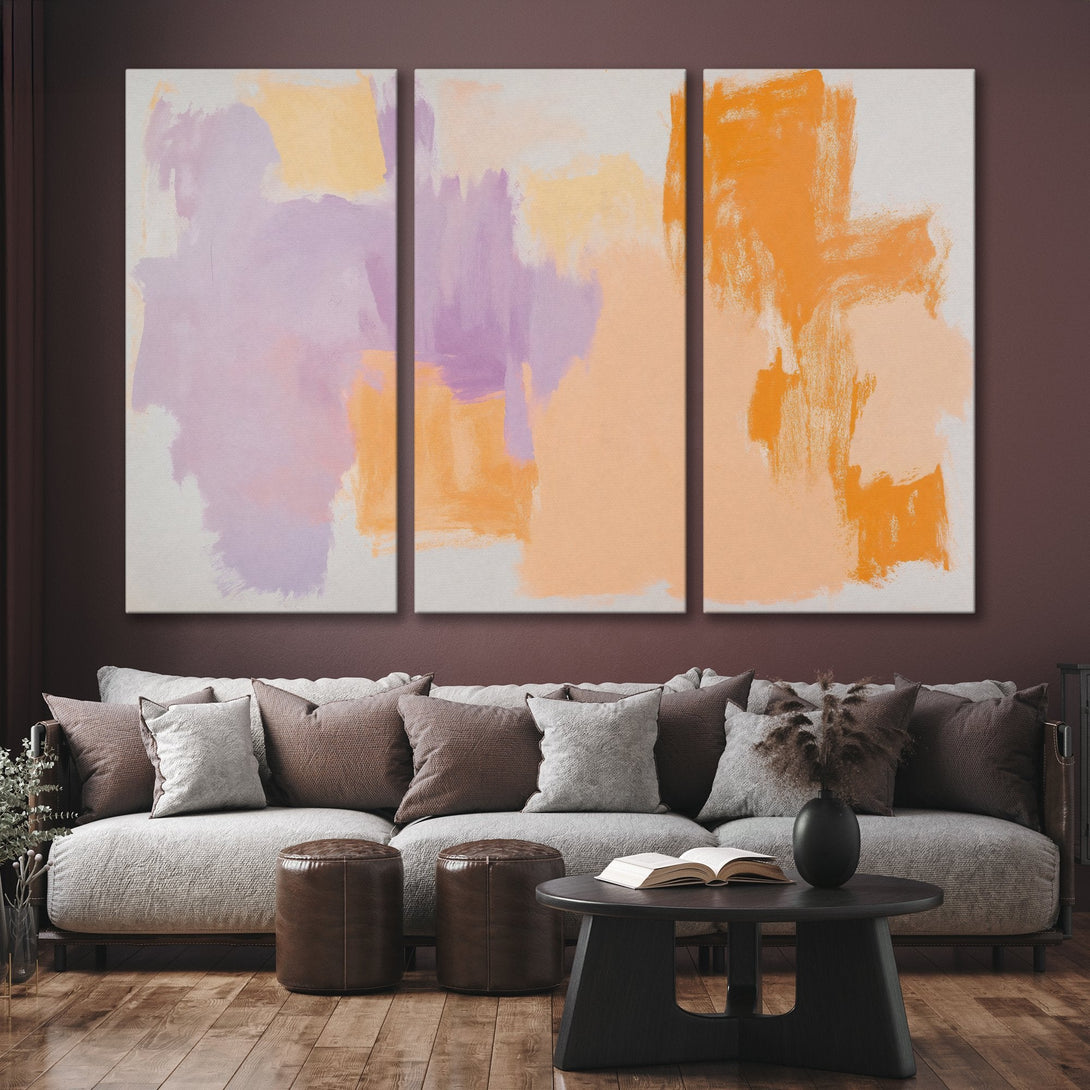 Abstract Canvas Print art in warm tones of orange, peach, and purple. Modern wall art for living room decor.