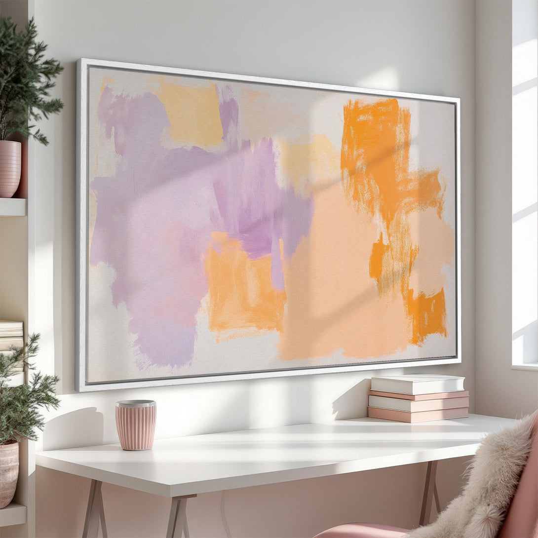 Framed Wall Art: Modern abstract art in warm orange, yellow, and purple hues. Perfect for adding a pop of color and style to your home decor. Shop now!