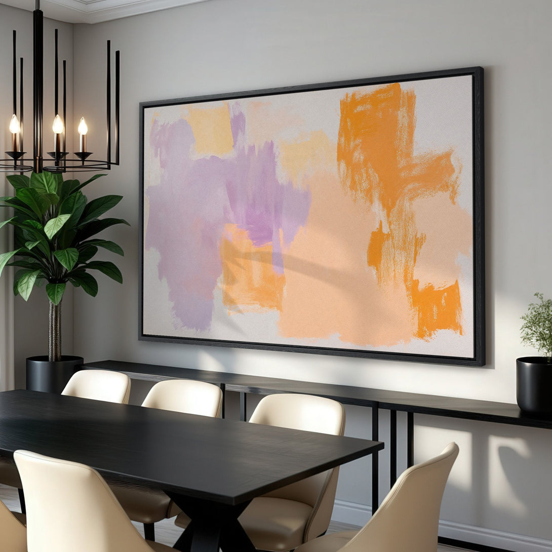 Framed Wall Art: Abstract brushstroke art in warm orange, peach, and purple hues. Modern canvas print perfect for dining room decor.