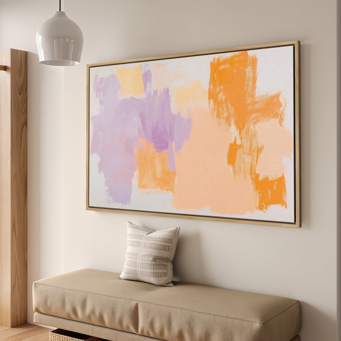 Framed Wall Art: Abstract brushstroke painting in warm orange and purple hues. Modern art canvas print for a stylish home interior.