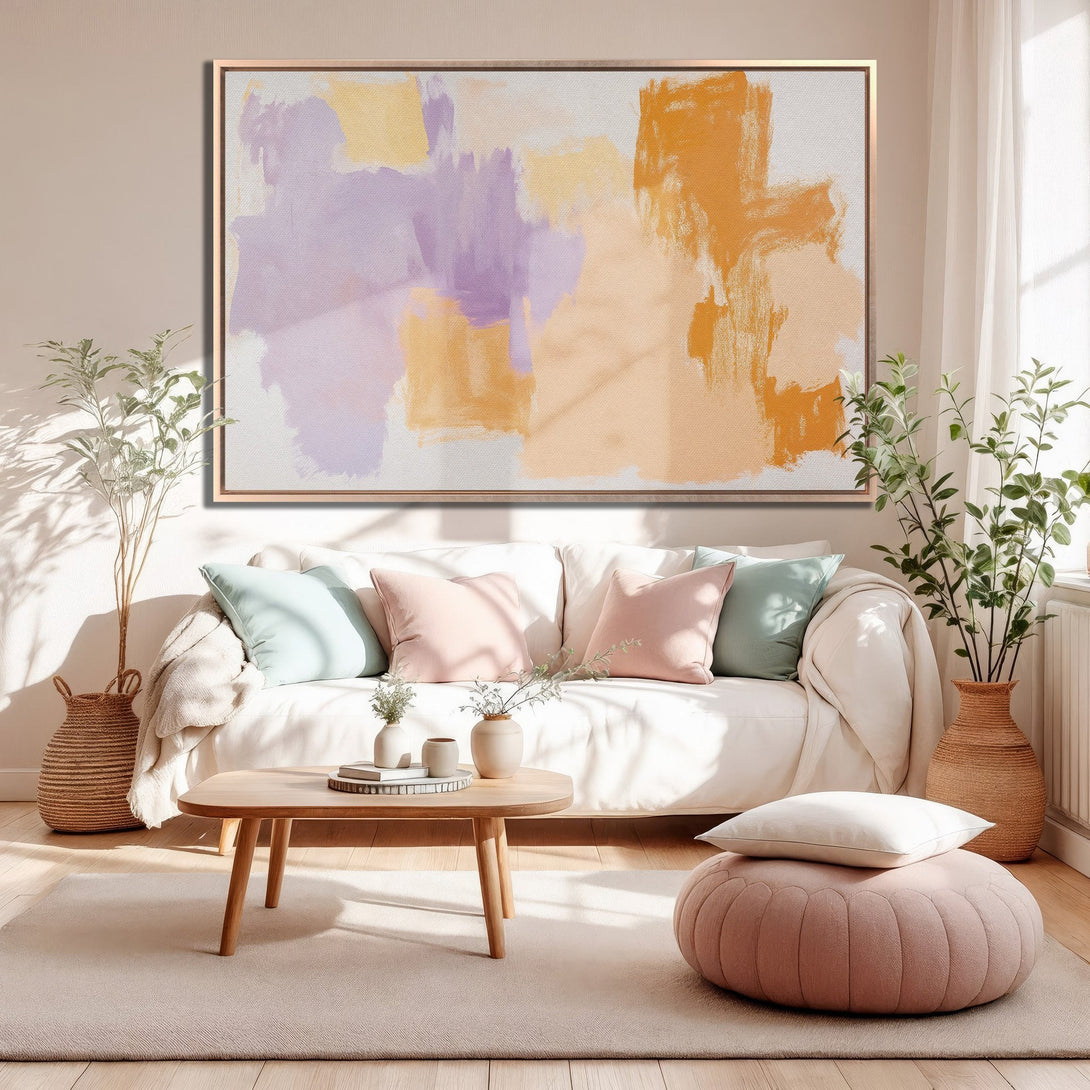 Framed Wall Art: Abstract art in warm tones of orange, purple, and yellow. Modern Canvas Print adds a pop of color to any living room.