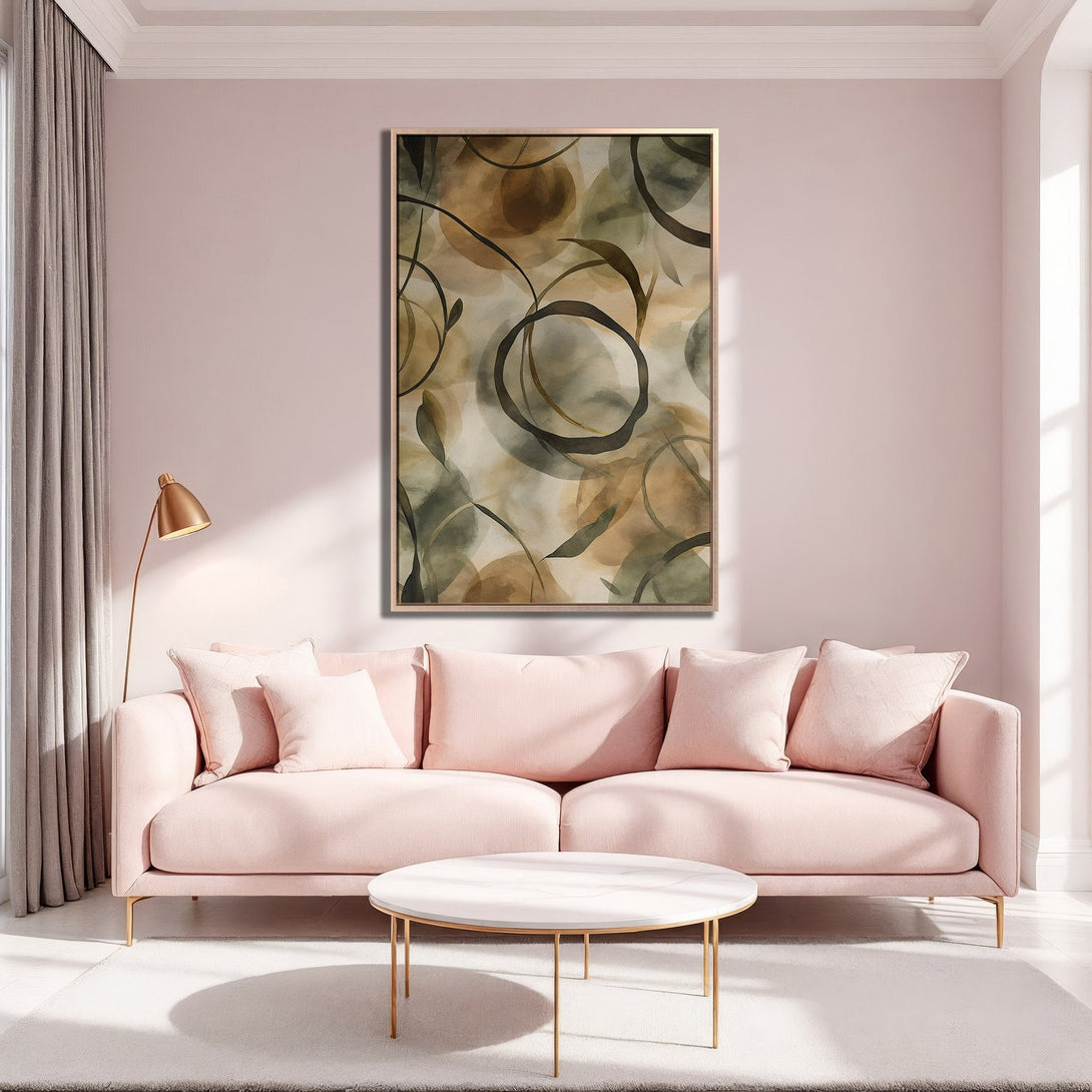 Framed Wall Art - Abstract art in neutral tones of olive green & brown. Modern art canvas print adds a touch of elegance to any living room.