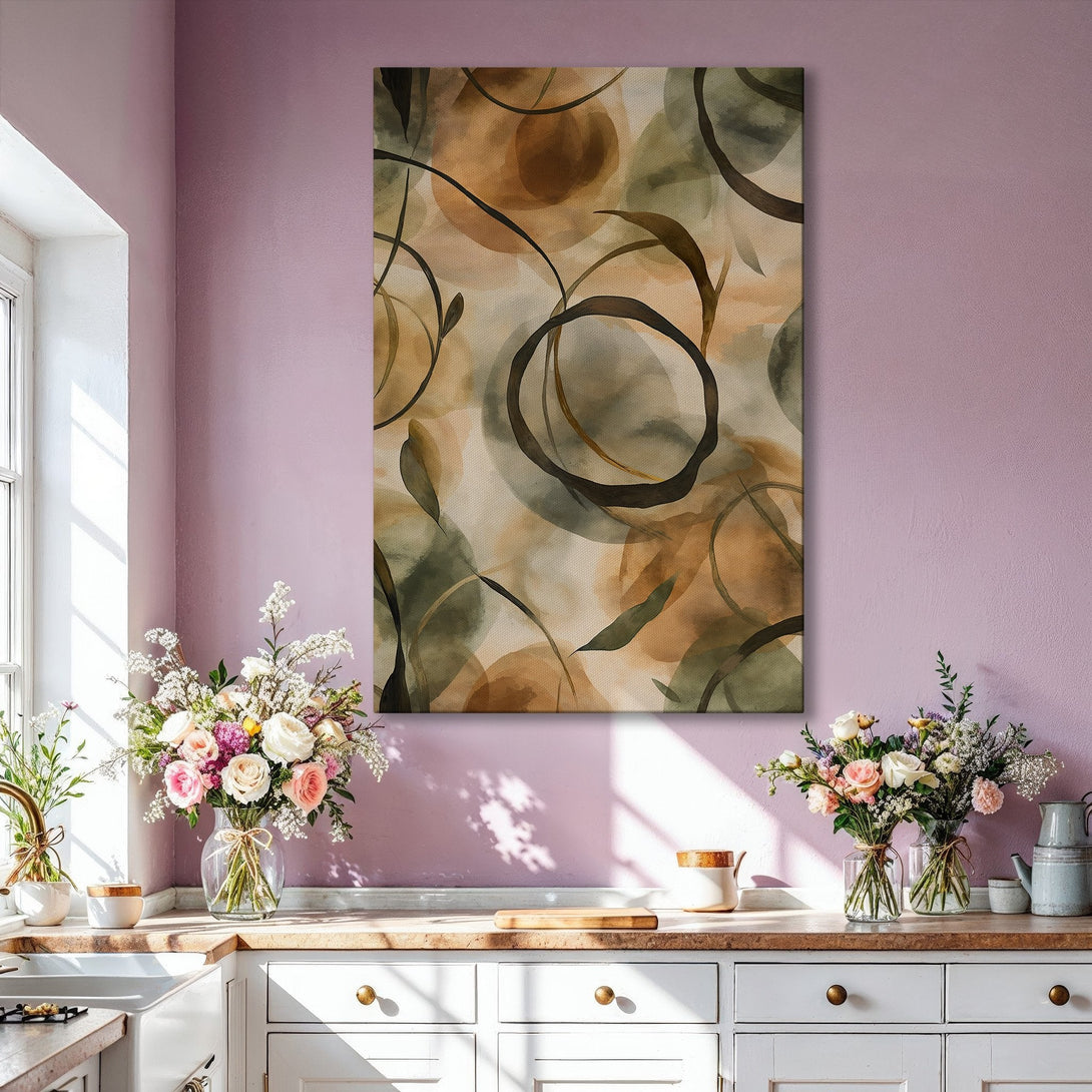 Framed Wall Art featuring an abstract watercolor design in earthy tones of brown, green, and beige. Perfect for modern interior decor.